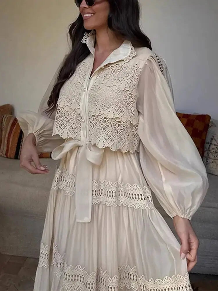 French Style Elegant Court Style Half High Collar Lace Embroidery Hollow Out Trim Long Dress