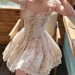 Sweet Girl Lace Spliced Floral Print Mini Dresses