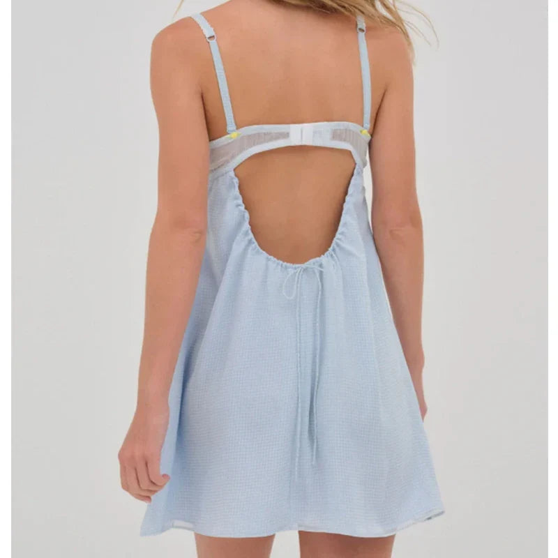 Light Blue Floral Embroidery Sling Sexy Dresses Summer Night Out Party Backless Dresses