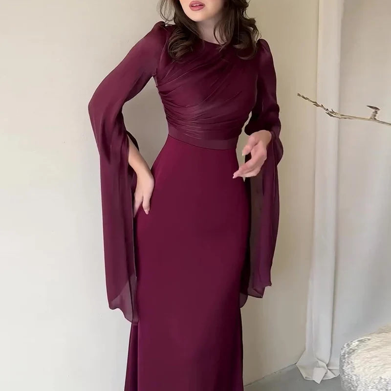 Elegant Batwing Sleeves High Waist Pleats Long Dresses