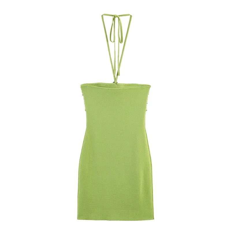 Green Halter Ruched Bodycon Mini Knit Dresses