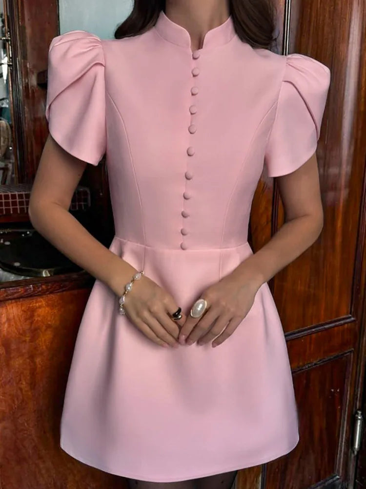 Summer Stand Up Collar Bubble Sleeve High Waisted Dresses
