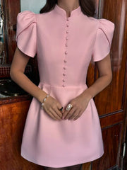 Summer Stand Up Collar Bubble Sleeve High Waisted Dresses