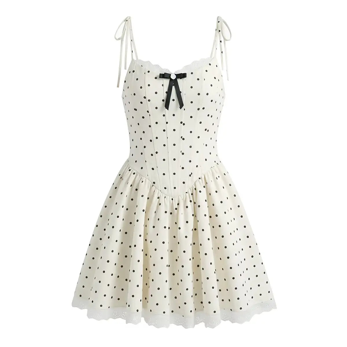 Sexy Sweet Girls Lace Trim Polka Dot Sling Mini Dresses Summer Low Waist A-line Vacation Party Dress