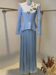 Elegant Two-piece Set Autumn Beaded Round-neck Long-sleeved Patchwork Top With Pleated Skirt 19DB2494