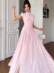 Autumn Stand Up Collar Short Sleeved Waist Cinching Patchwork Dresses