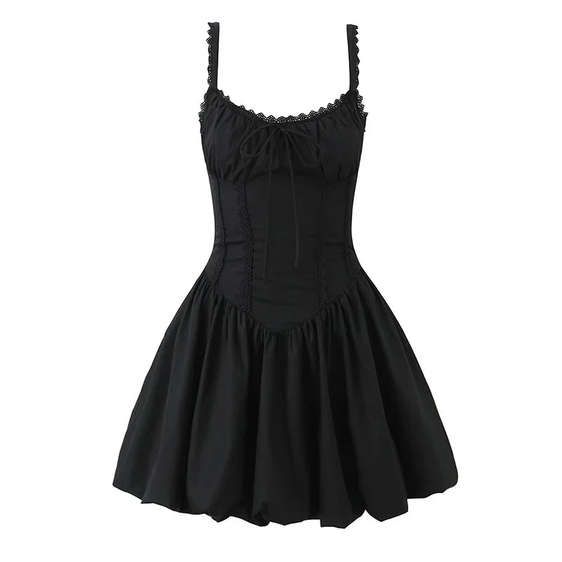 Lace Spliced Black White Sling Mini Dresses Low Waist Cotton Summer Sexy Party Dresses