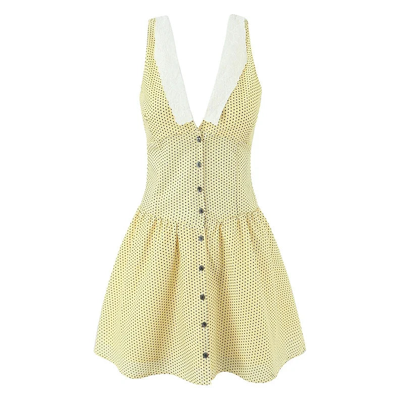 V-Neck Slim Fit Yellow Polka Dot Dresses
