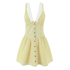 V-Neck Slim Fit Yellow Polka Dot Dresses