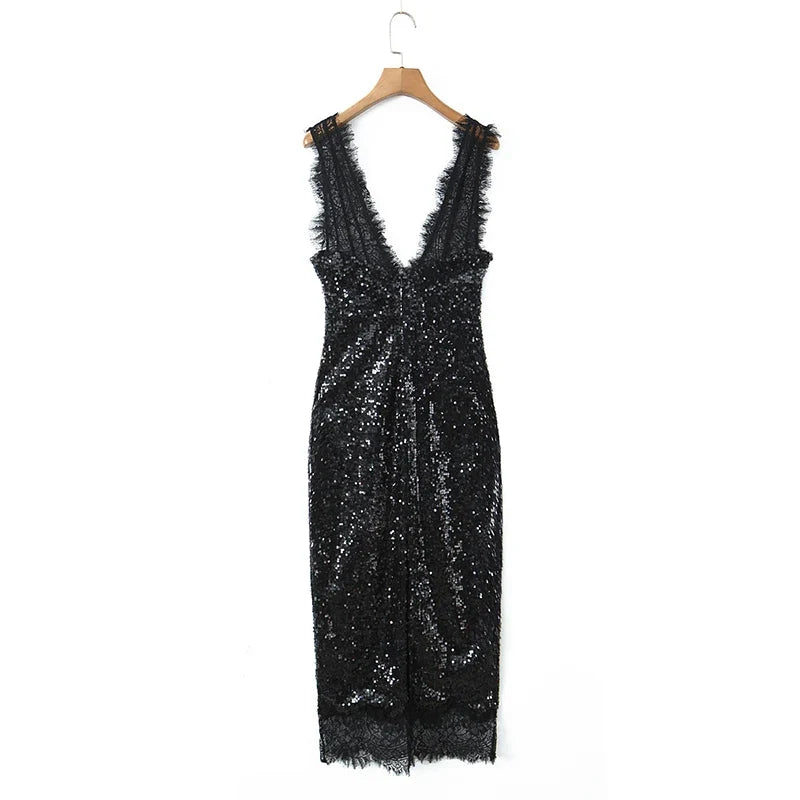 Deep V Neck Sequin Tank Long Sexy Dresses