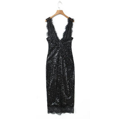 Deep V Neck Sequin Tank Long Sexy Dresses