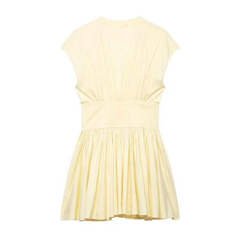 Short Sleeve Deep V Neck Pleated A-line Mini Dresses
