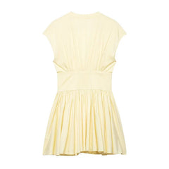 Short Sleeve Deep V Neck Pleated A-line Mini Dresses