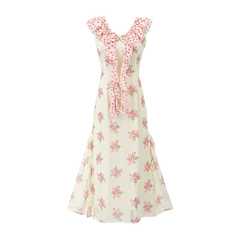 Floral Ruffle V Neck Maxi Dresses