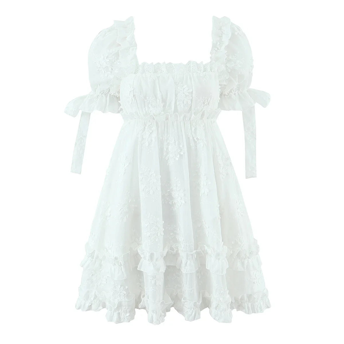 Elegant White Floral Embroidery Mini Dresses