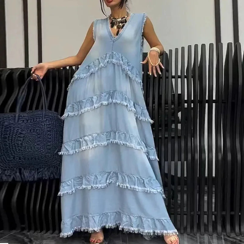 Solid Color V-neck Frayed Edge Patchwork Denim Dresses