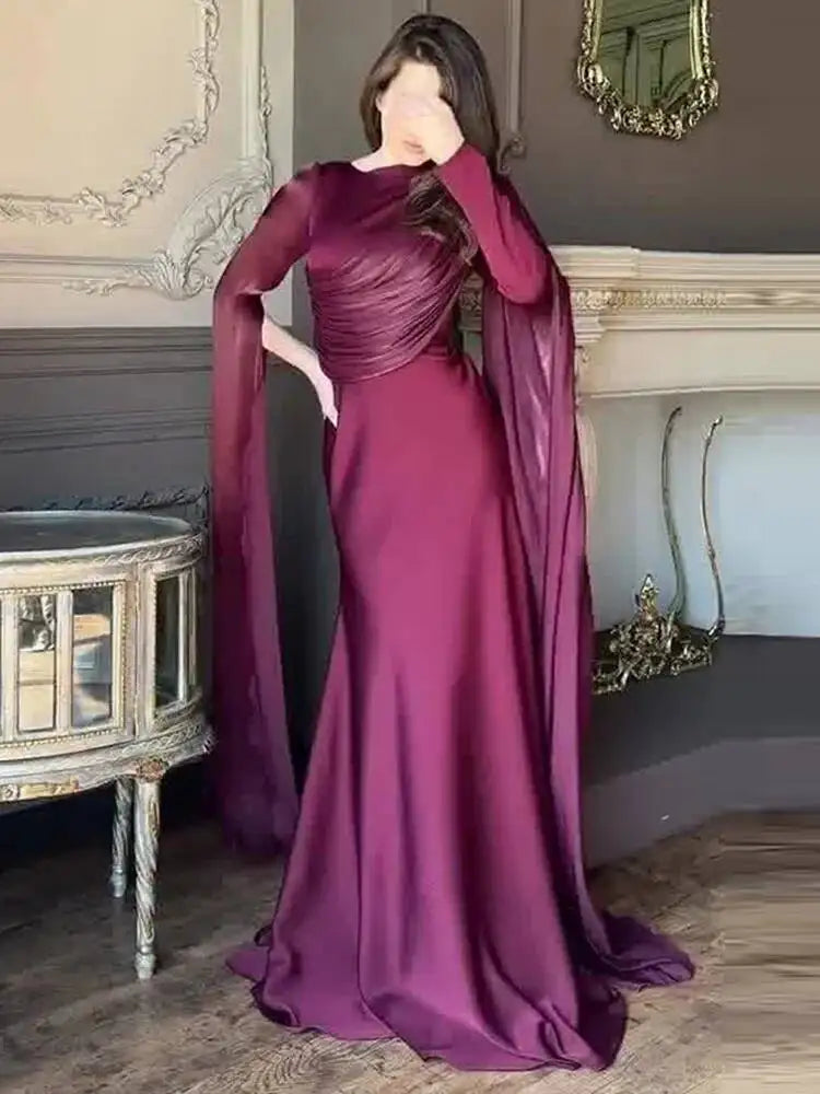 Elegant Round Neck Long Sleeved Asymmetrical Waist Slimming Dresses
