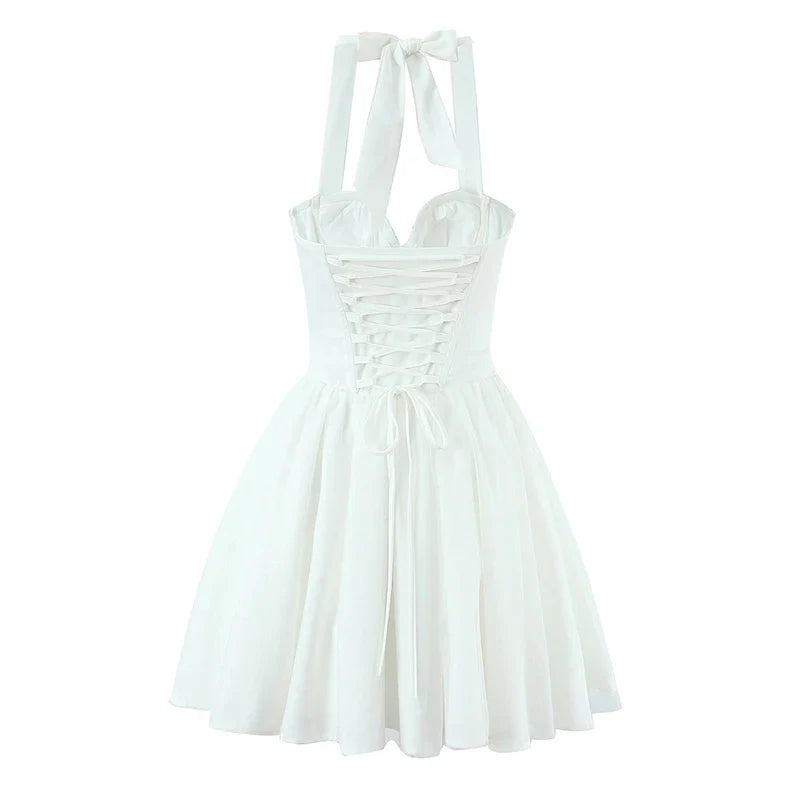 Elegant Pink White Sexy Backless Halter Ball Gown Mini Dresses For Lace Up Bandage Back Mesh Patchwork Party Dress