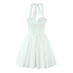 Elegant Pink White Sexy Backless Halter Ball Gown Mini Dresses For Lace Up Bandage Back Mesh Patchwork Party Dress
