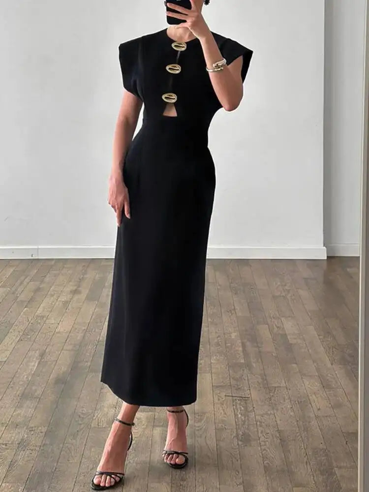 Fashionable Round Neck Sleeveless Waist Cinched Slim Fit Mid Length Dresses