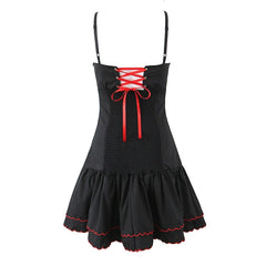 Sexy Floral Embroidery Spaghetti Straps Dresses Summer Female A-line Holiday Party Robe Lace Up Vestidos Black Pink