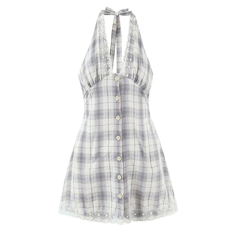 Sexy Backless Halter Plaid Dresses