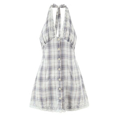 Sexy Backless Halter Plaid Dresses