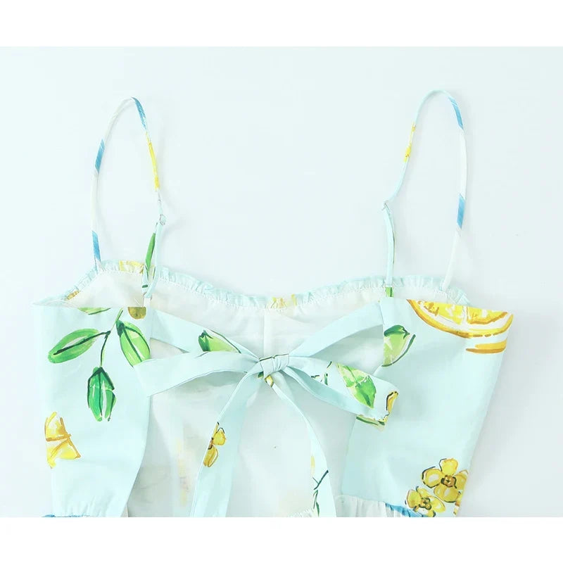 Sexy Adjustable Spaghetti Straps Lemon Print Summer Dresses