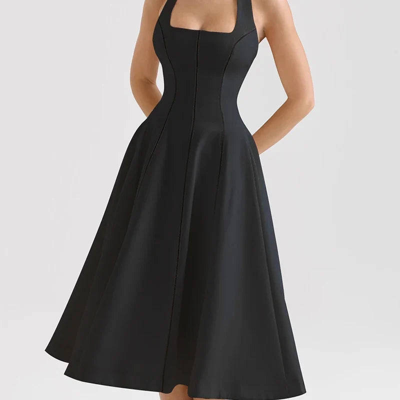 Vintage Elegant Black White Halter Midi Long Dresses A-line Slim Sexy Backless Dresses