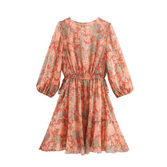 Vintage Puff Sleeve V Neck Floral Print Short Dresses