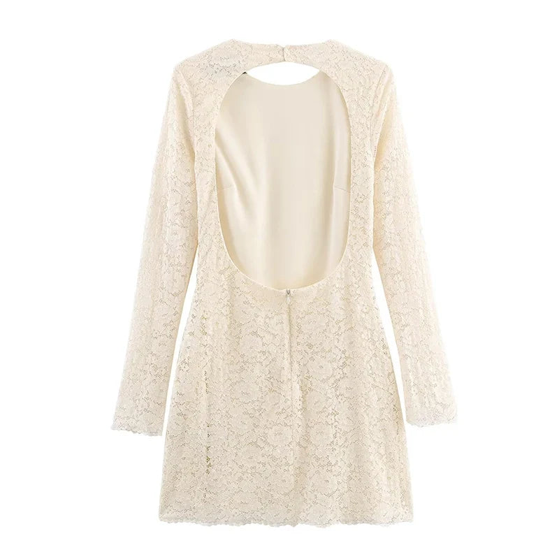 Sexy Backless Round Neck Long Sleeve Short Lace Dresses