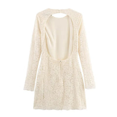 Sexy Backless Round Neck Long Sleeve Short Lace Dresses