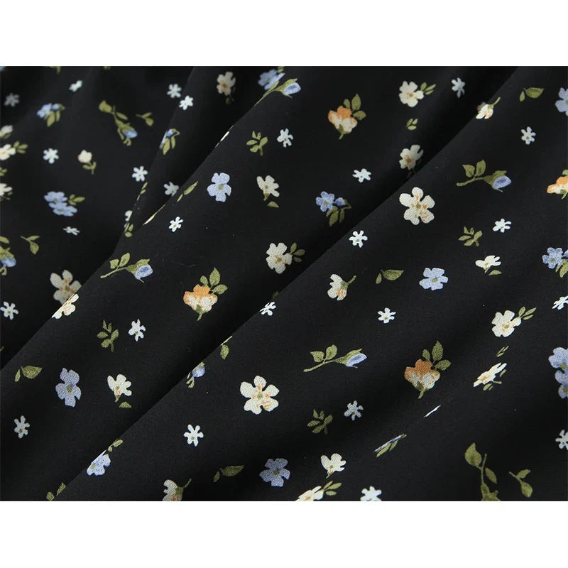 Black Floral Print Square Neck Puff Sleeve A-line Midi Dresses Sexy Slit Casual Summer Vacation Vestidos