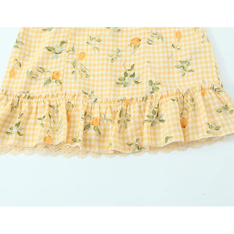 Floral Print Plaid Yellow Summer Dresses