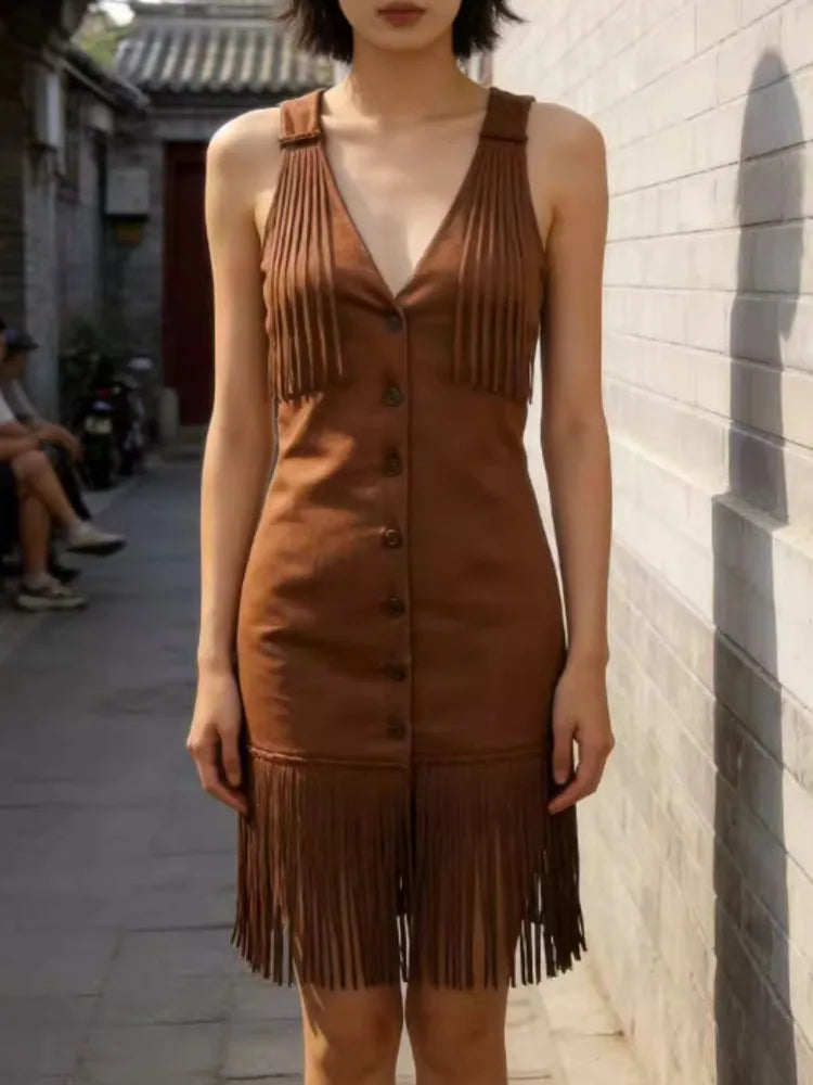 Western Style Tassel Button Suede Sexy Slim Party Mini Dresses