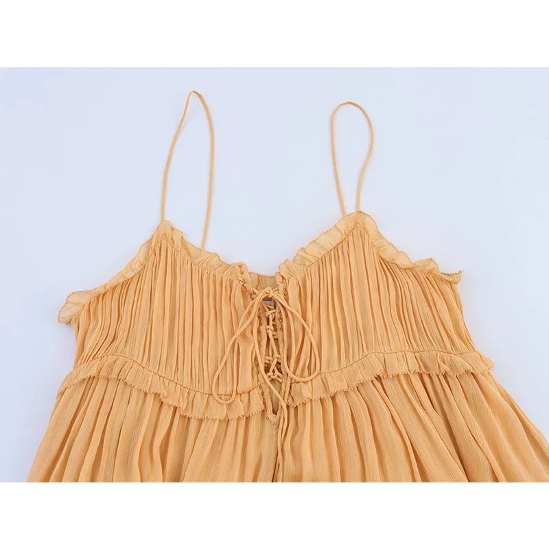 Front Lace Up Thin Straps Asymmetric Ruffles Dresses Sexy Summer Short Vacation Dresses