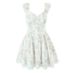 Sweet Girl Lace Spliced Floral Print Mini Dresses