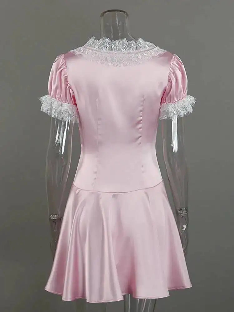 Satin V-neck Bubble Sleeve Lace Patchwork Dresses
