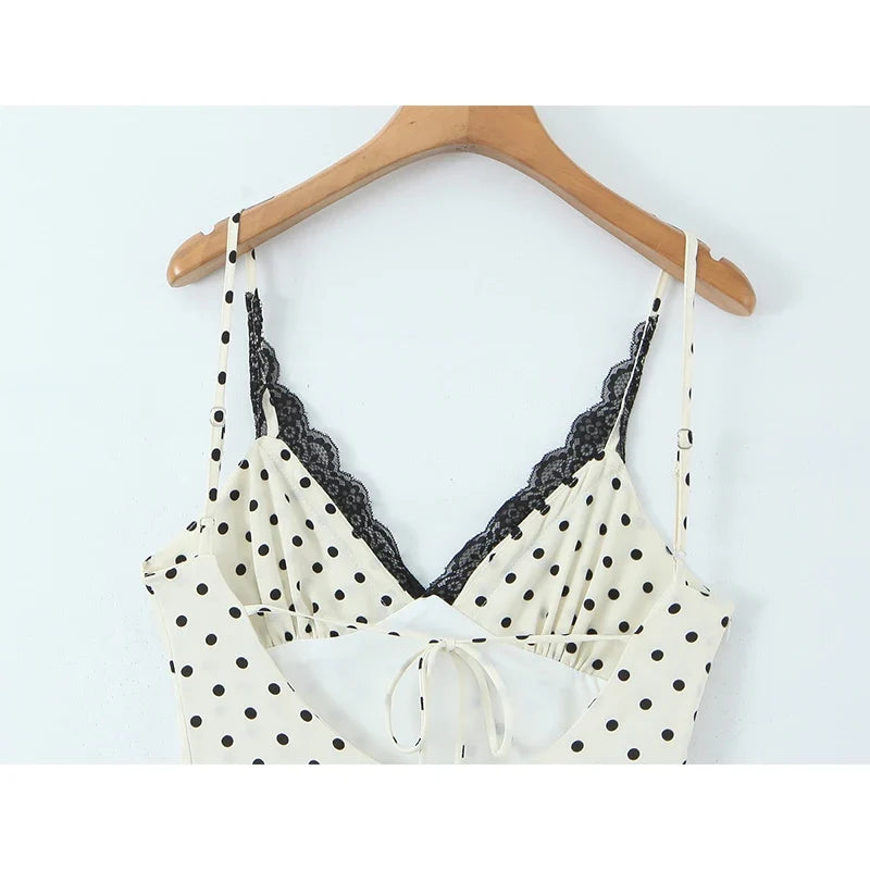Sexy Backless Lace Trim V Neck Polka Dot Sling Dresses