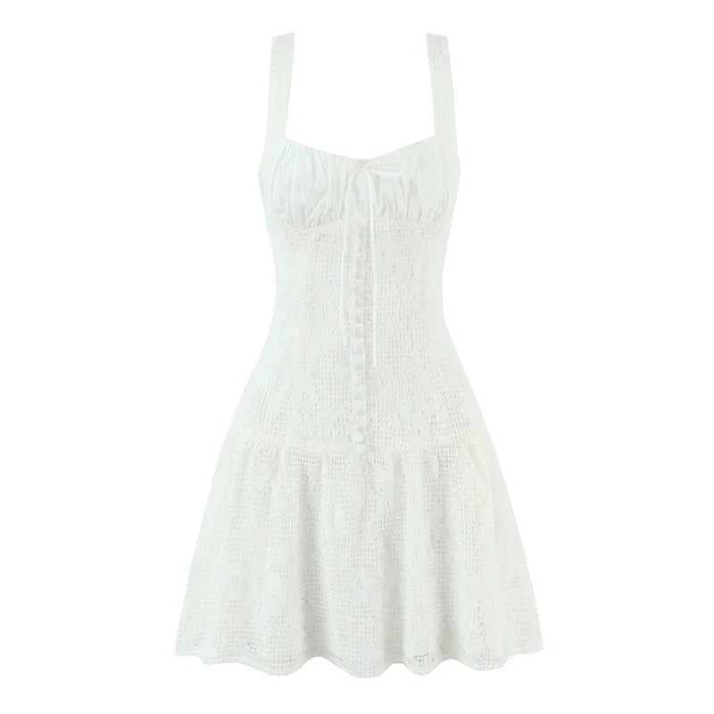 Button-Front White Sling Mini Dresses
