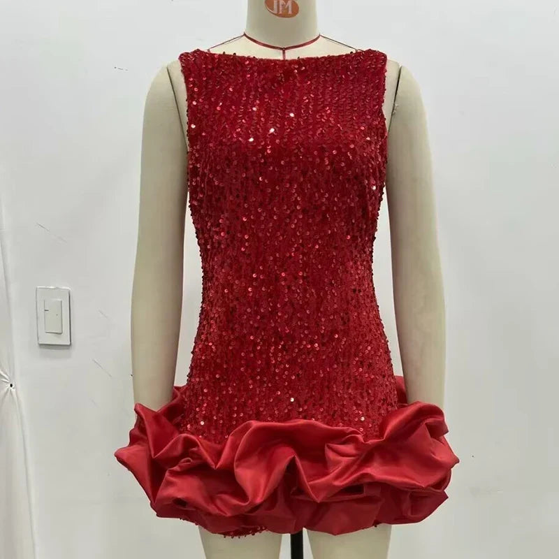 Christmas Party Mini Dresses Sexy Backless O Neck Sleeveless Ruffle Hem Ball Gown Dresses