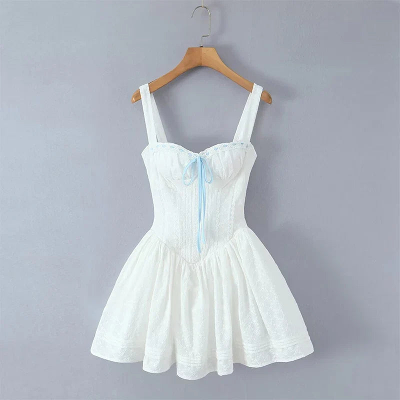 White Holiday Summer Dresses Floral Embroidery Low Waist A-line Sling Mini Dresses