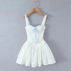 White Holiday Summer Dresses Floral Embroidery Low Waist A-line Sling Mini Dresses