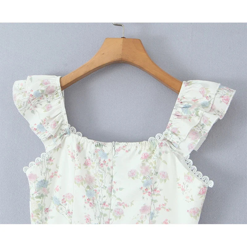 Sweet Girl Lace Spliced Floral Print Mini Dresses