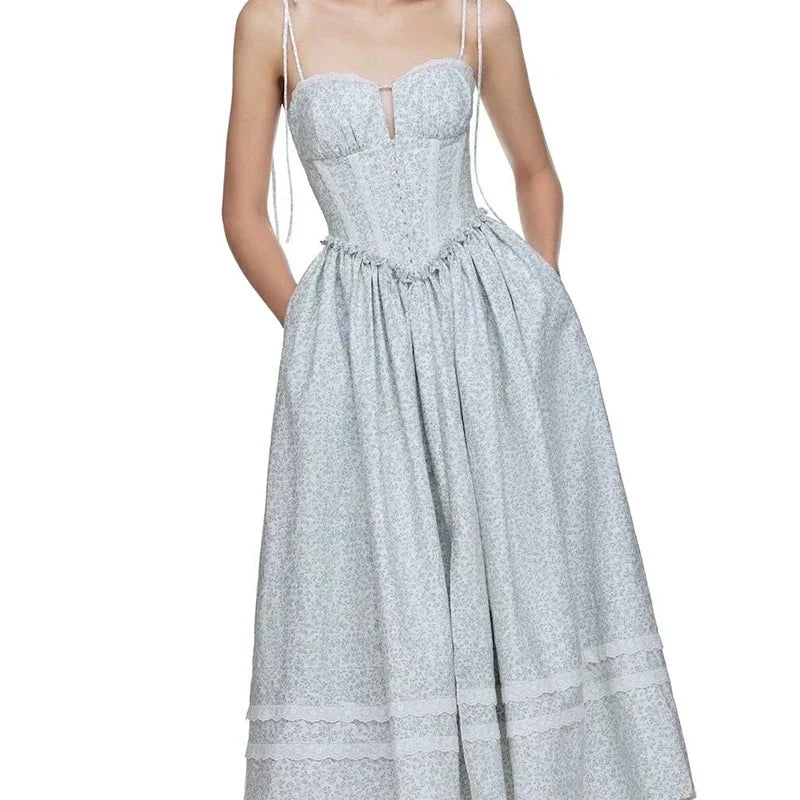 Sexy Elegant Lace Spliced Blue Floral Print Midi Long Sling Dresses Low Waist Fit And Flare Party Dresses