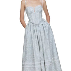 Sexy Elegant Lace Spliced Blue Floral Print Midi Long Sling Dresses Low Waist Fit And Flare Party Dresses