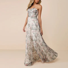 Female Casual Swing Holiday Party Dresses Strapless High Waist Pleated Bohemian Dresses