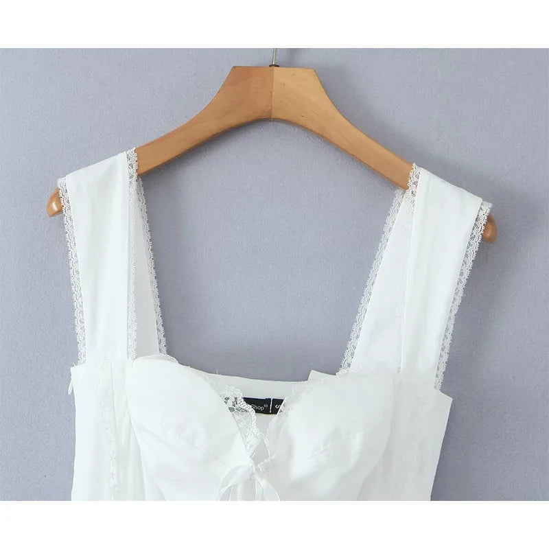 Sweet Elegant Lace Spliced Bandage Sleeveless White Dresses