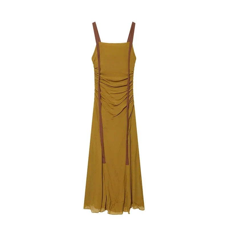 Sexy Spaghetti Straps Draped Maxi Dresses Vacation Summer Chiffon Vestidos Casual Sundress