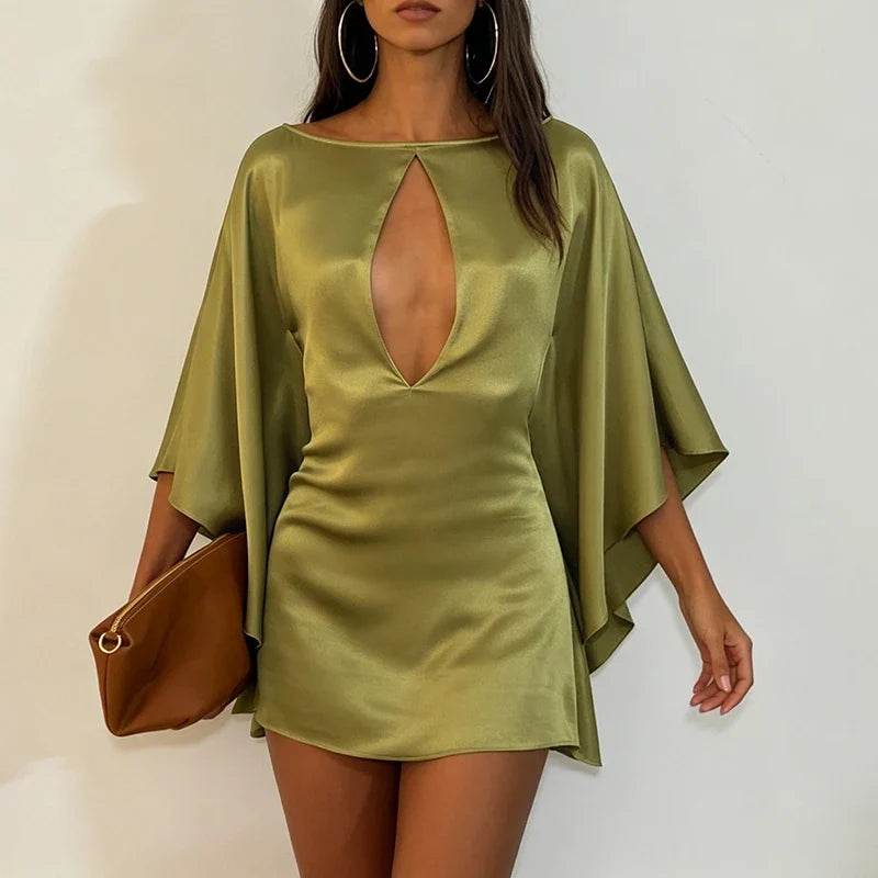Satin Batwing Sleeve Slim Short Dresses